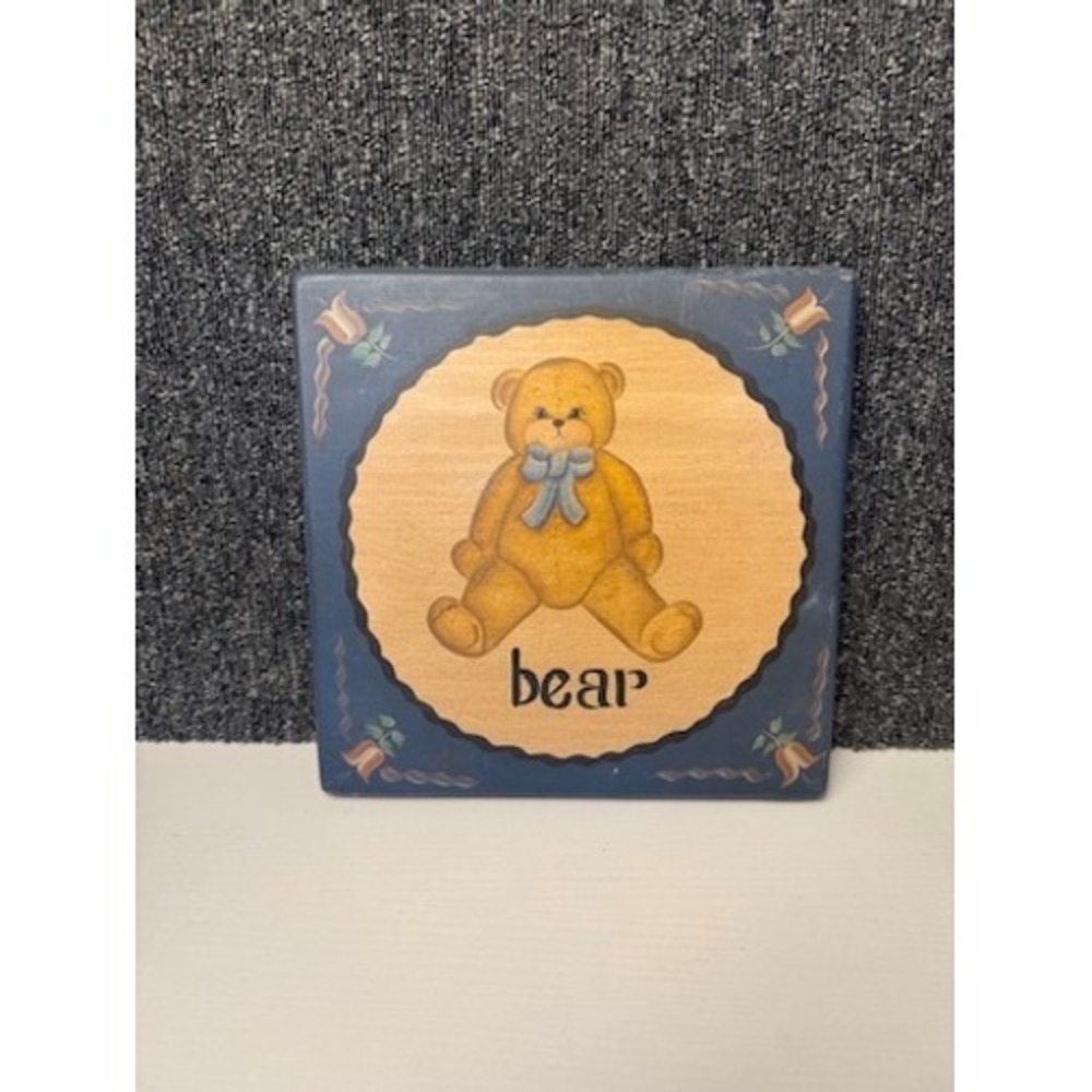 Jill Hart Hand Painted Wood Teddy Bear Wall Art Plaque 9.5x9.5 Navy Cottage EUC